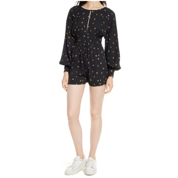 FREE PEOPLE Love Grows Romper Print Long Sleeve Leggy Short, Black Combo, XS - Picture 10 of 10